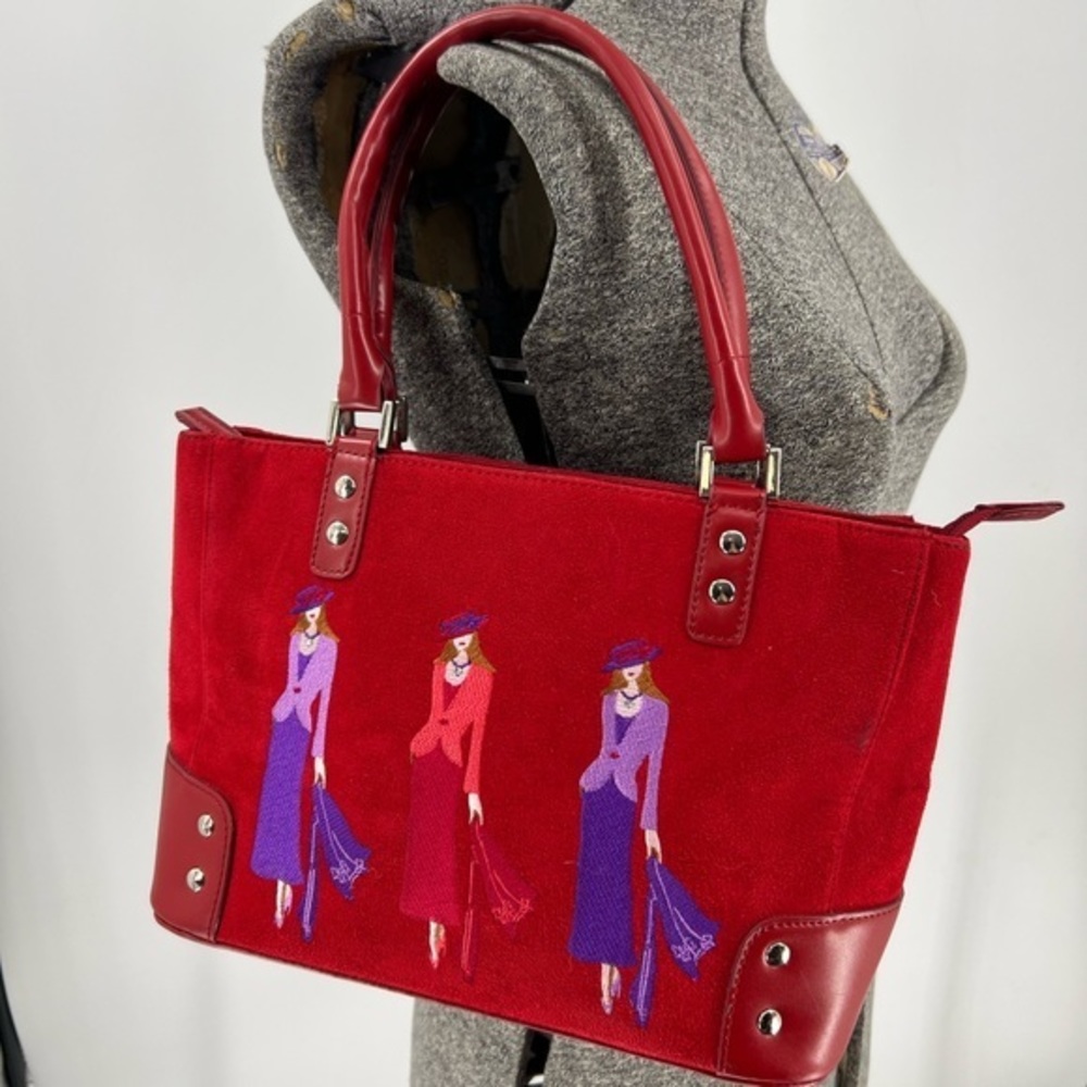 Sandol Living Fashion Purse Embroidered Red FAUX Suede Leather Handbag